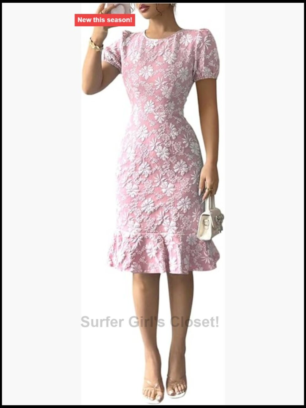 Jacquard Ruffle Puff Sleeve Bodycon Dress Knee Length